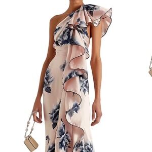 FeHaute Pink Floral One Shoulder Ruffle Maxi Dress Evening Gown Small New W/ Tag